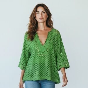 Soft Surroundings Green Embellished Eyelet V-Neck Top Rhinestone Retro Boho Sz L